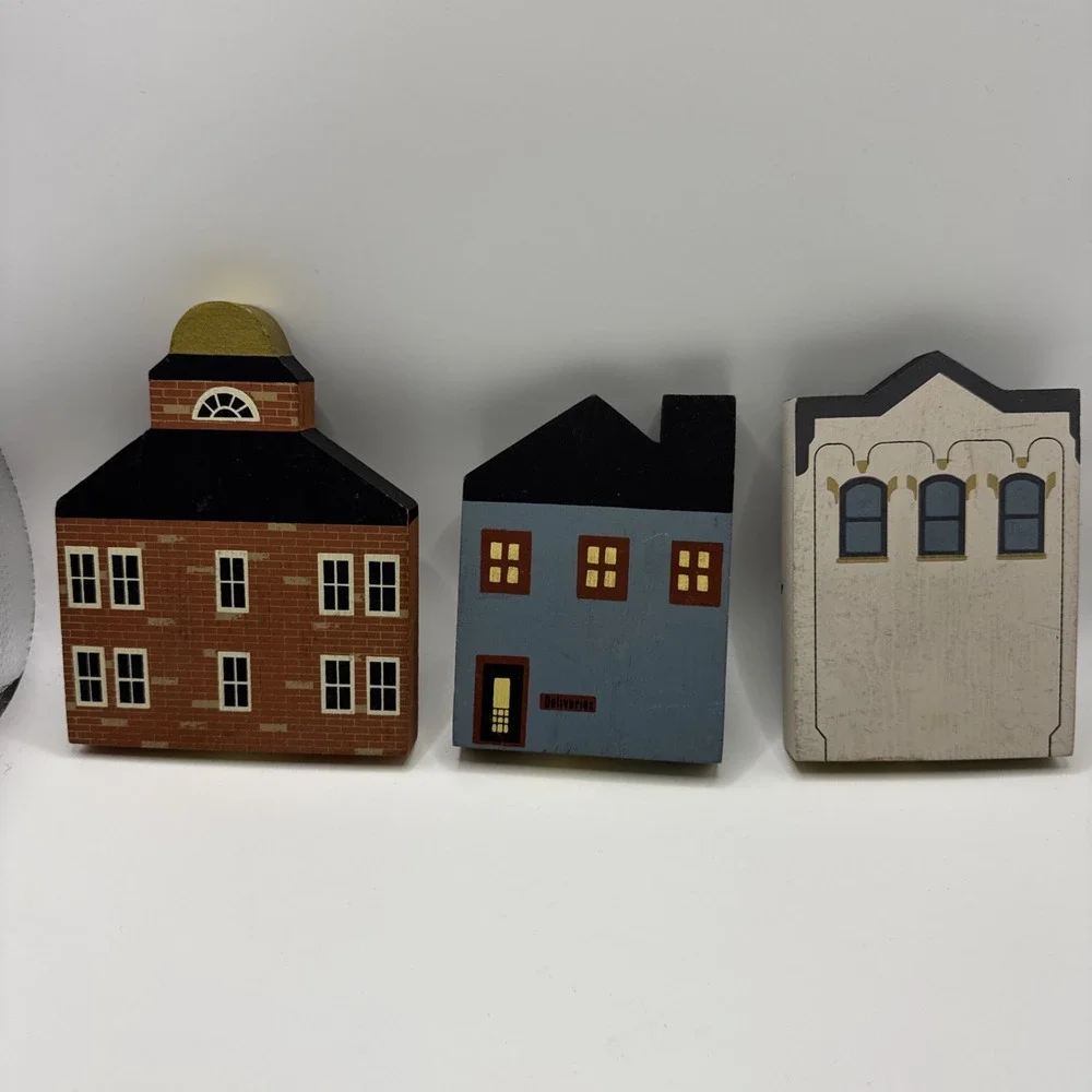 Lot 3 The Cats Meow 1985s Wood Shelf Sitter Toy Shoppe Dry Goods Store Town Hall